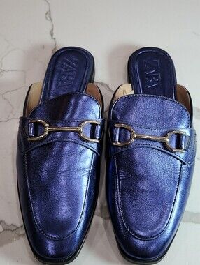 ZARA Electric Blue Metallic Leather Mule Loafers Gold Horsebit Buckle Flats 39